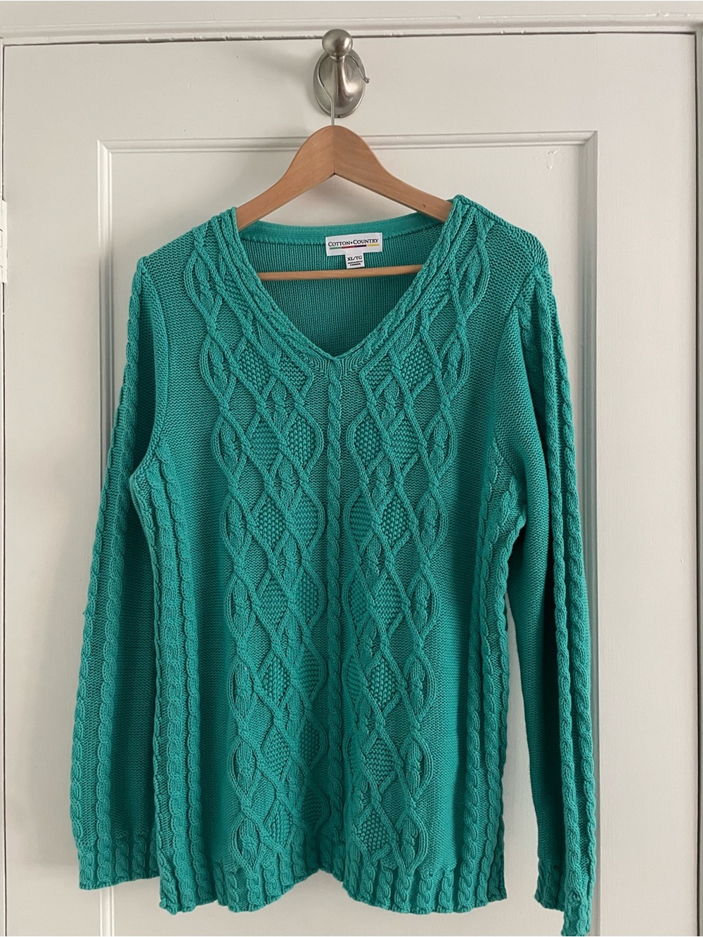 Cotton Country Teal Cable V-Neck Sweater